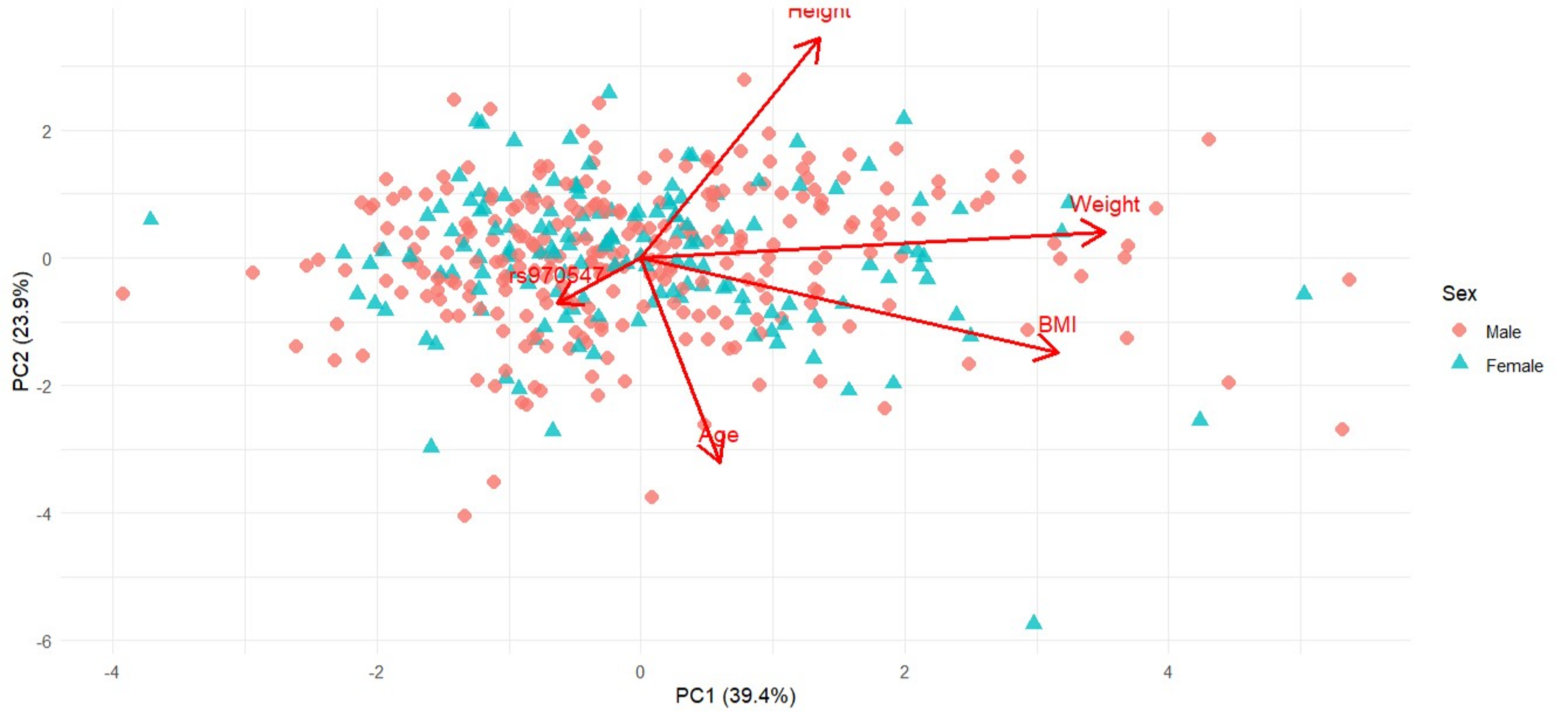 : Principal Component Analysis biplot based on sex-standardised Age, Height, Weight, BMI and genotype (COL12A1 rs970547 C>T) for the South African cohort stratified by sex, with PC1 and PC2 explaining 39.4% and 23.9% of the total variance 