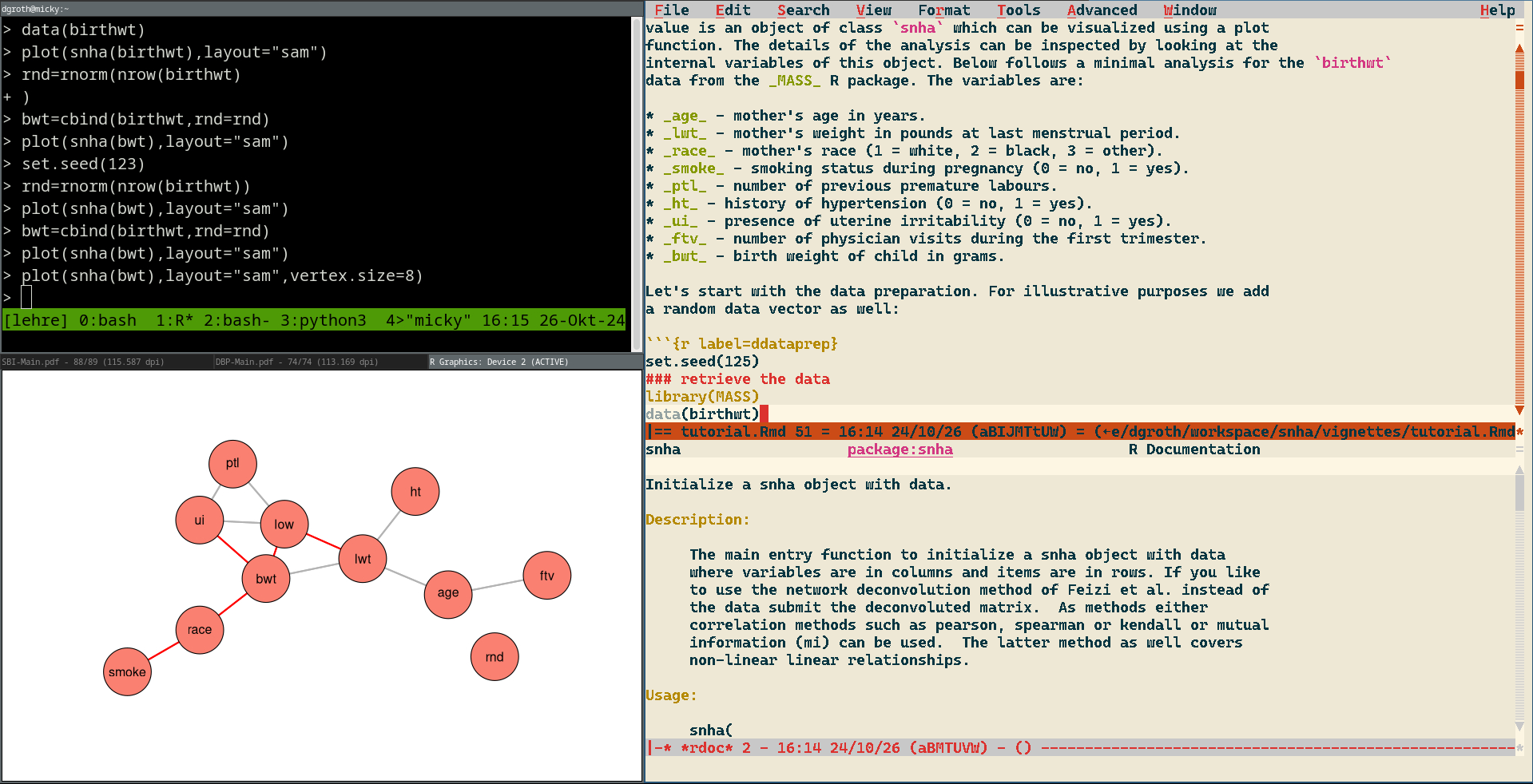 Workspace organization of a statistical programmer, R-console, plot window, text editor.