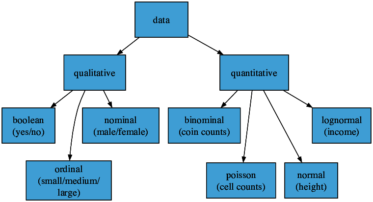 Data types, qualitative (factors, groups) vs quantitative (numbers). 